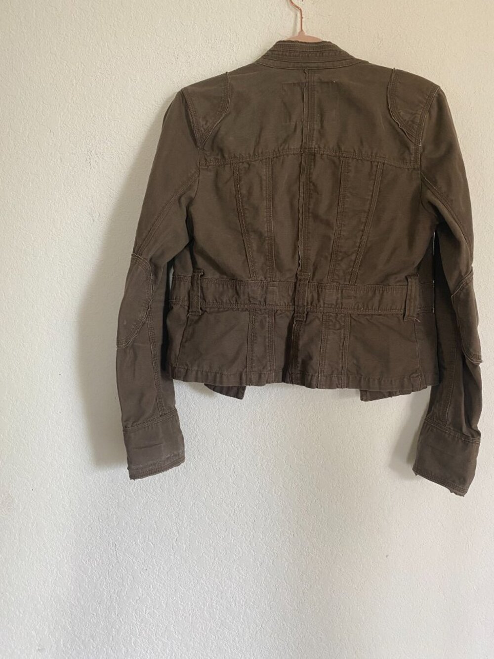 Y2K Military Olive Green Cropped Utility Jacket with Elbow Patches & Cinch Waist - Picture 7 of 9